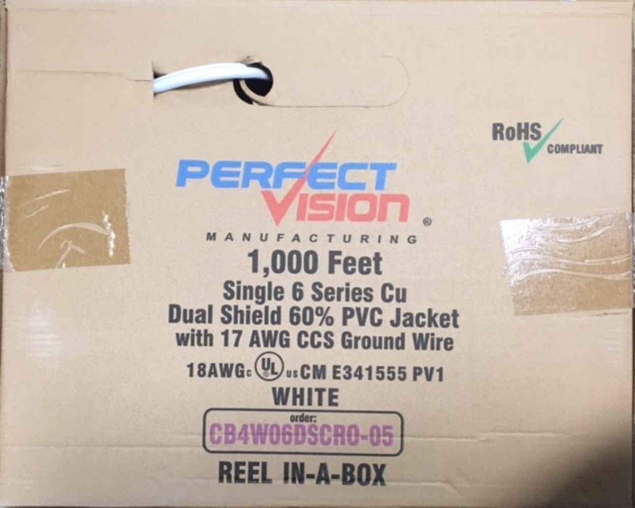 photo of Perfect Vision RG6 Coax with 17 Gauge Ground, 1000 ft, White